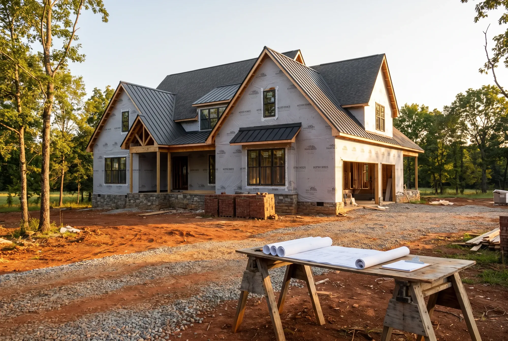 Custom home framed and dried in on a Middle Tennessee lot at golden hour, plans on a sawhorse table