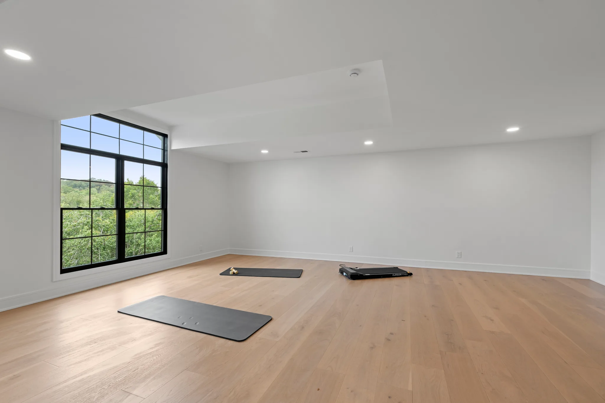 Empty room with white walls, wide oak plank flooring, recessed lights and a tall black grid window overlooking trees, with exercise mats on the floor