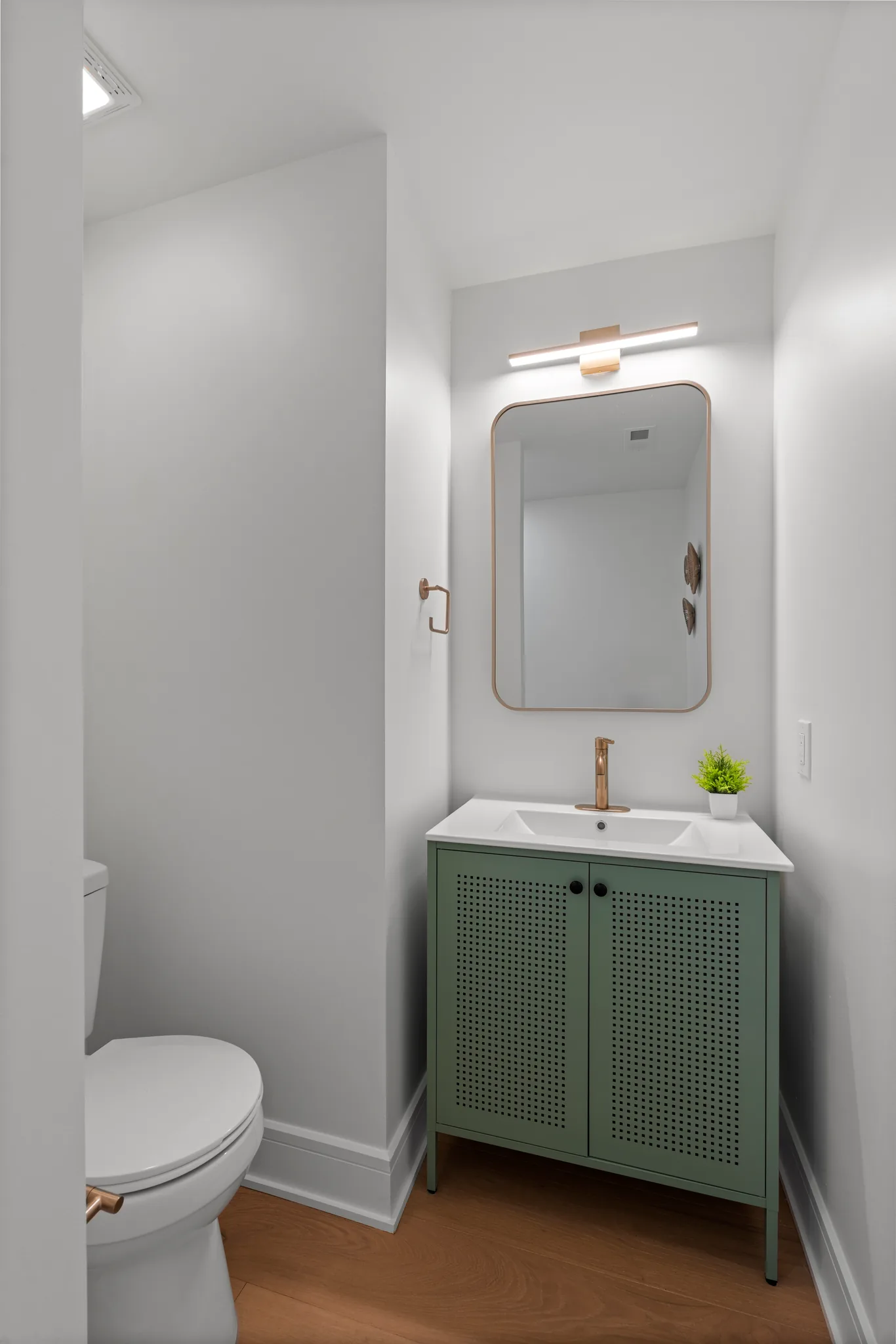 Small powder room with a sage green cane-front vanity, white sink top, brass faucet, rounded mirror, linear light and wood floor