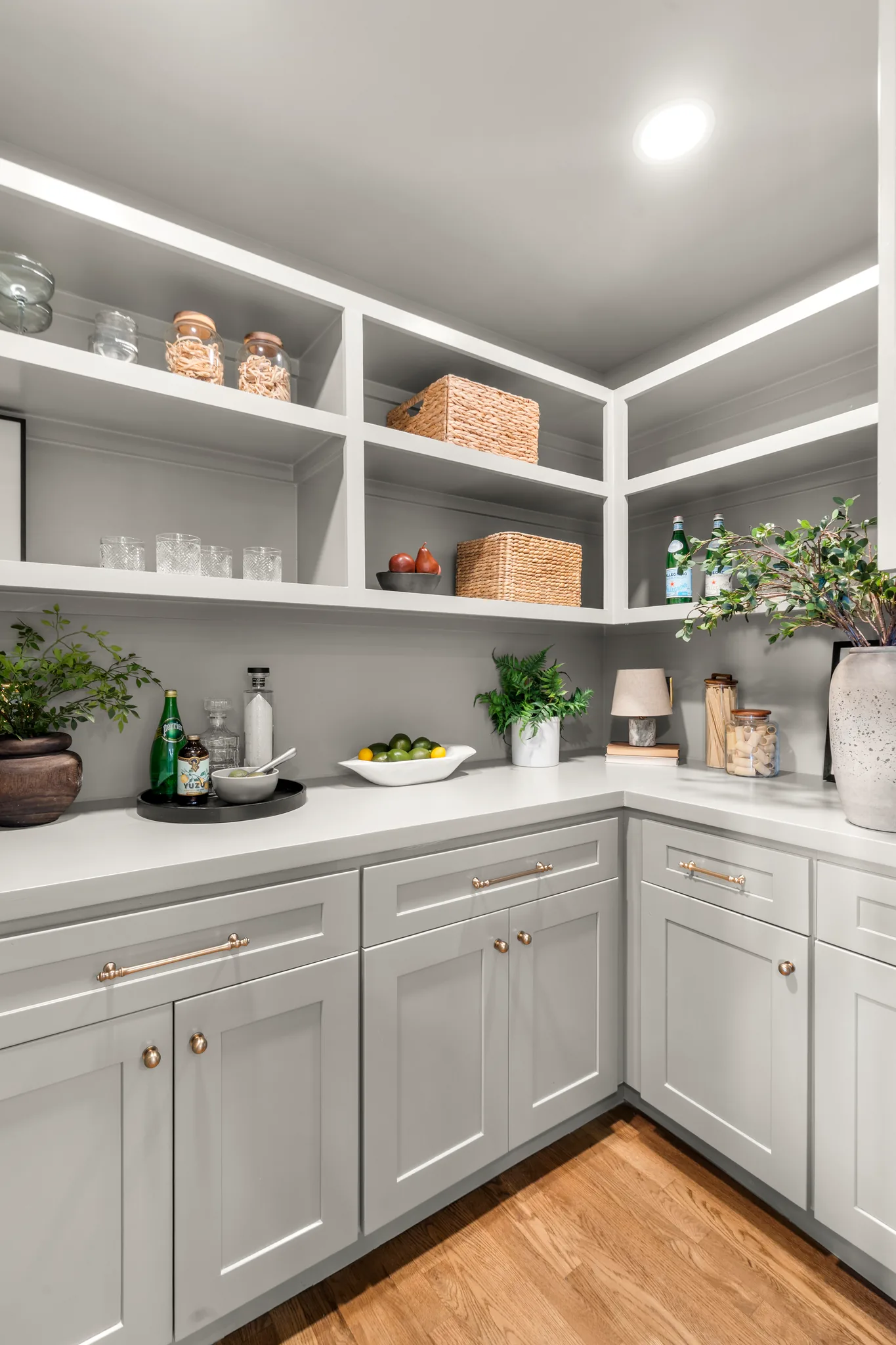 Corner walk-in pantry with light gray shaker base cabinets, brass hardware, white quartz counters, open upper shelving and oak flooring
