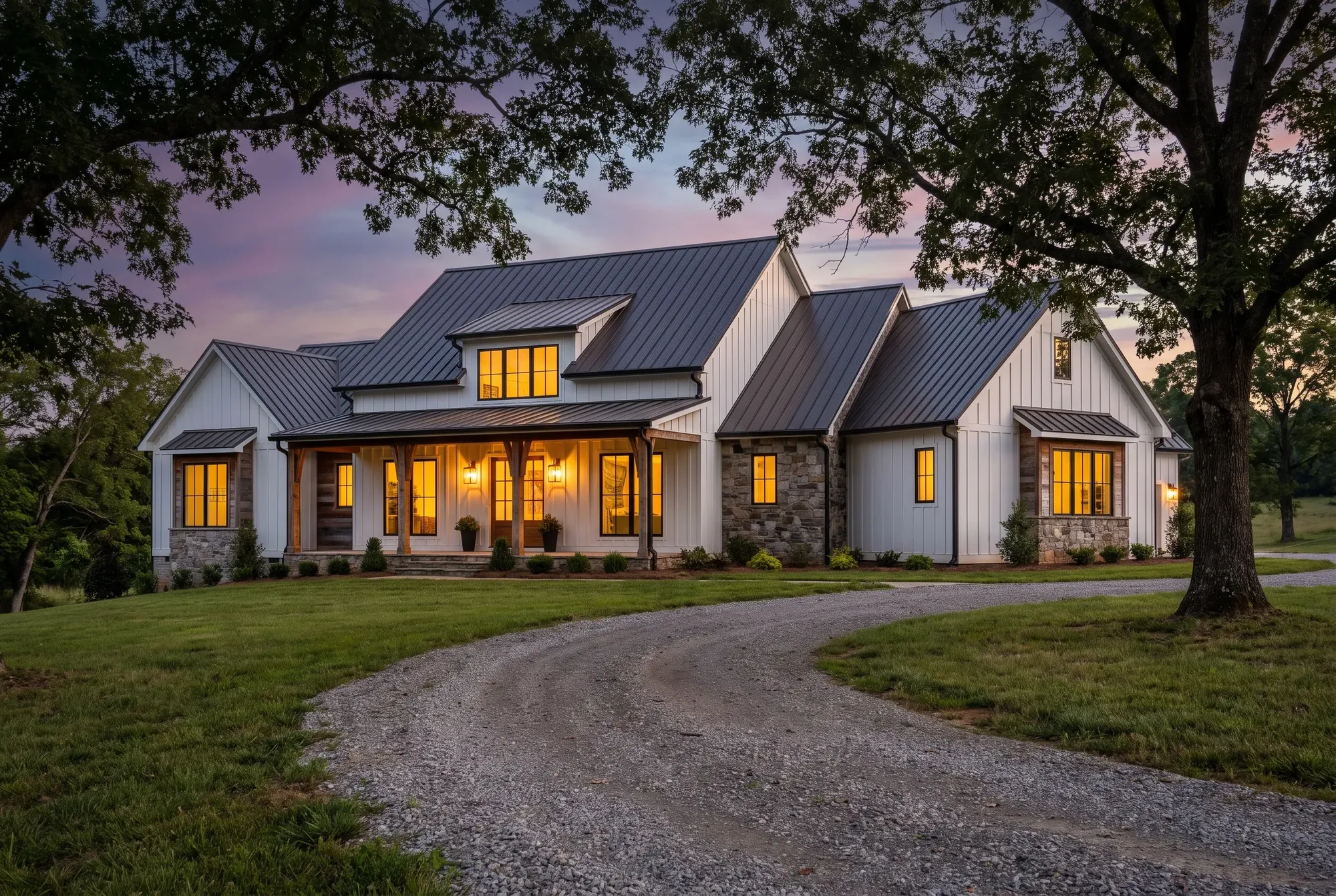 Illustration of a modern farmhouse custom home at dusk on a rolling Middle Tennessee lot